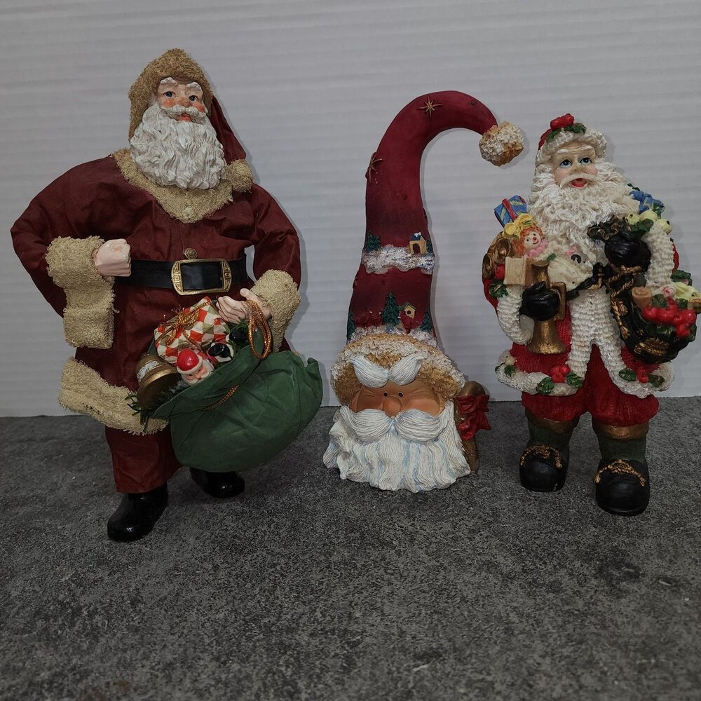 Vintage Resin Santa Claus Figurine Lot of 3 Whimsical Tall Hat Toy Sack Decor